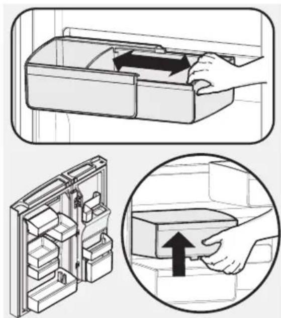 Diagram illustrating refrigerator door opening and door release steps, showing hand placement and lifting mechanism