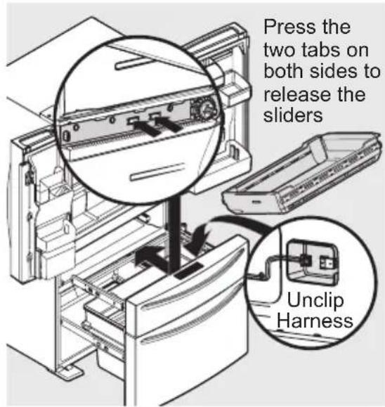 Press the two tabs on both sides to release the sliders Unclip Harness