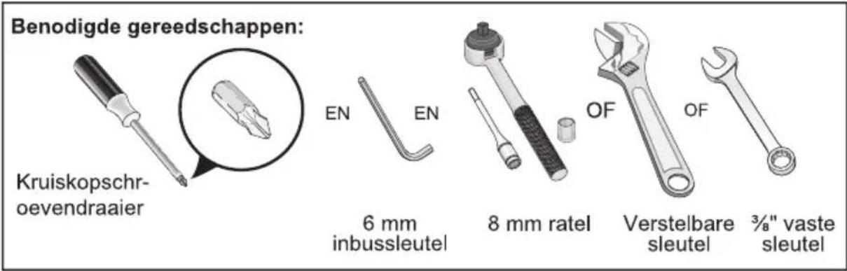 Benodigde gereedschappen: Kruiskopschr- oevendraaier EN EN 6 mm inbussleutel 8 mm ratel OF OF Verstelbare sleutel 3/8" vaste sleutel