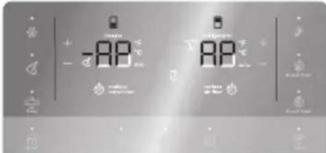 Digital climate control panel showing temperature readings with icons for climate change and weather conditions