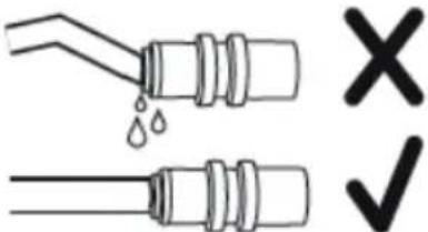 Diagram showing two pipe fittings with water droplets and a checkmark indicating cancellation