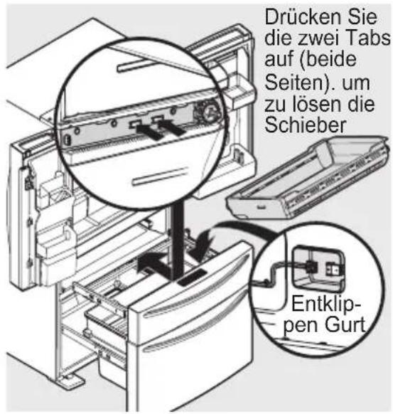 Drücken Sie die zwei Tabs auf (beide Seiten). um zu lösen die Schieber Entklip- pen Gurt