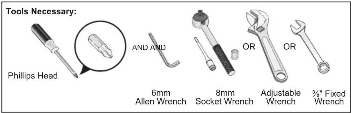 Tools Necessary: Phillips Head AND AND 6mm Allen Wrench 8mm Socket Wrench OR Adjustable Wrench OR 3/8" Fixed Wrench