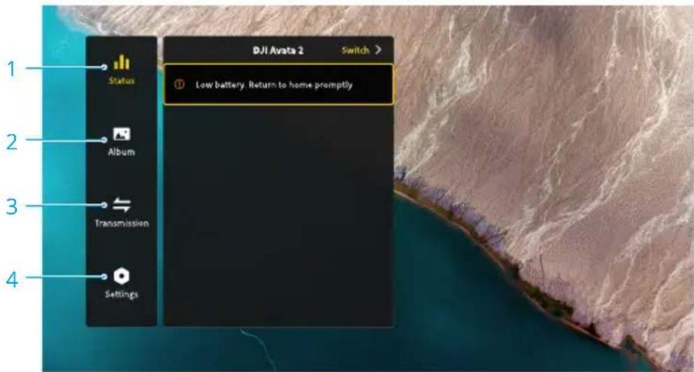 1 Status 2 Album 3 Transmission 4 Settings DJI Avata 2 Switch > Low battery. Return to home promptly