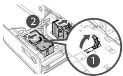CANON imagePRESS C10000VP - Squeeze the lever on the paper holder plate as shown below. Without releasing the lever, slide the paper holder plate until it does not catch on the paper to set. - 1