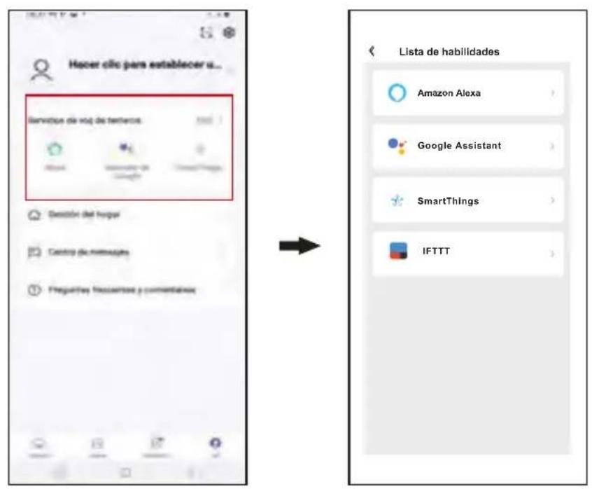 Hacer clic para establecer u... Servicios de noj de terheros Gestión del huqar Centro plc mensugues Freguerhay fraccantose y commentadores Lista de habilidades Amazon Alexa Google Assistant SmartThings IFTTT