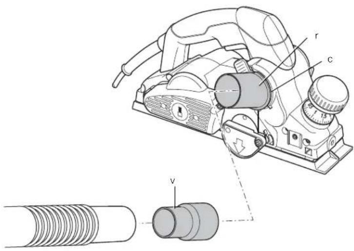 Technical diagram of a mechanical device with labeled parts (r, c, v) and a close-up of a coiled pipe component.