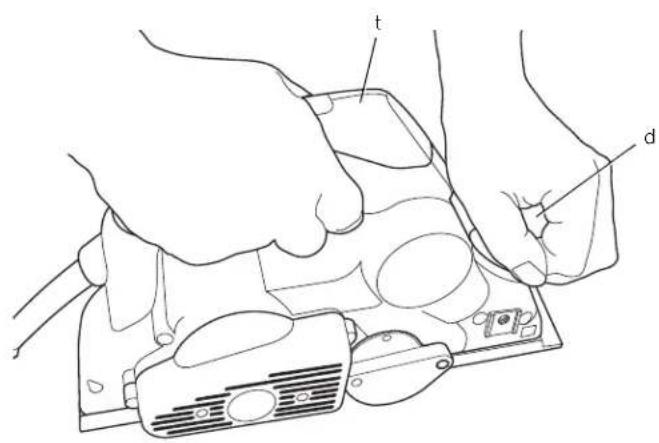 Technical diagram showing hands operating a device with labeled parts 't' and 'd'
