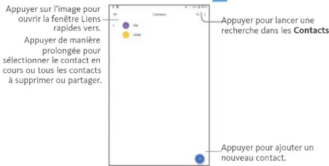 Appuyer sur l'image pour ouvrir la fenêtre Liens rapides vers. Appuyer de manière prolongée pour sélectionner le contact en cours ou tous les contacts à supprimer ou partager. Appuyer pour lancer une recherche dans les Contacts Appuyer pour ajouter un nouveau contact.
