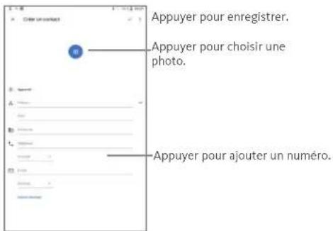 Appuyer pour enregistrer. Appuyer pour choisir une photo. Appuyer pour ajouter un numéro.