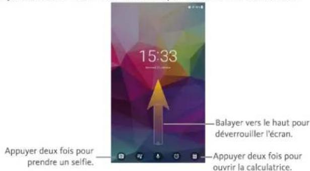 15:33 Balayer vers le haut pour déverrouiller l'écran. Appuyer deux fois pour prendre un selfie. Appuyer deux fois pour ouvrir la calculatrice.