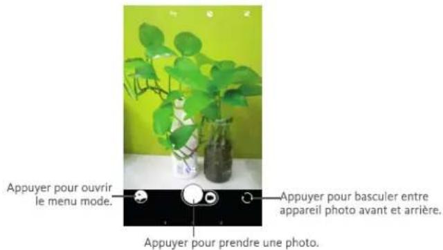 Appuyer pour ouvrir le menu mode. Appuyer pour basculer entre appareil photo avant et arrière. Appuyer pour prendre une photo.
