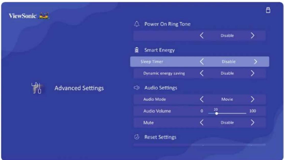 ViewSonic Power On Ring Tone Disable > Smart Energy Sleep Timer Disable > Dynamic energy saving Disable > Advanced Settings Audio Settings Audio Mode Movie > Audio Volume 0 20 100 Mute Disable > Reset Settings