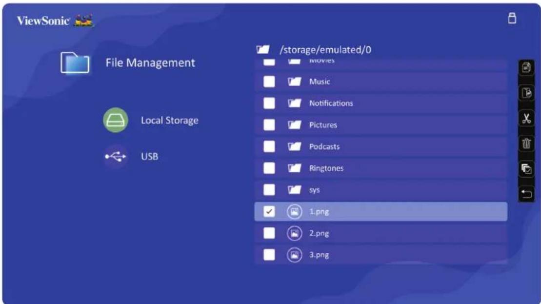 ViewSonic File Management Local Storage USB /storage/emulated/0 movies Music Notifications Pictures Podcasts Ringtones sys 1.png 2.png 3.png