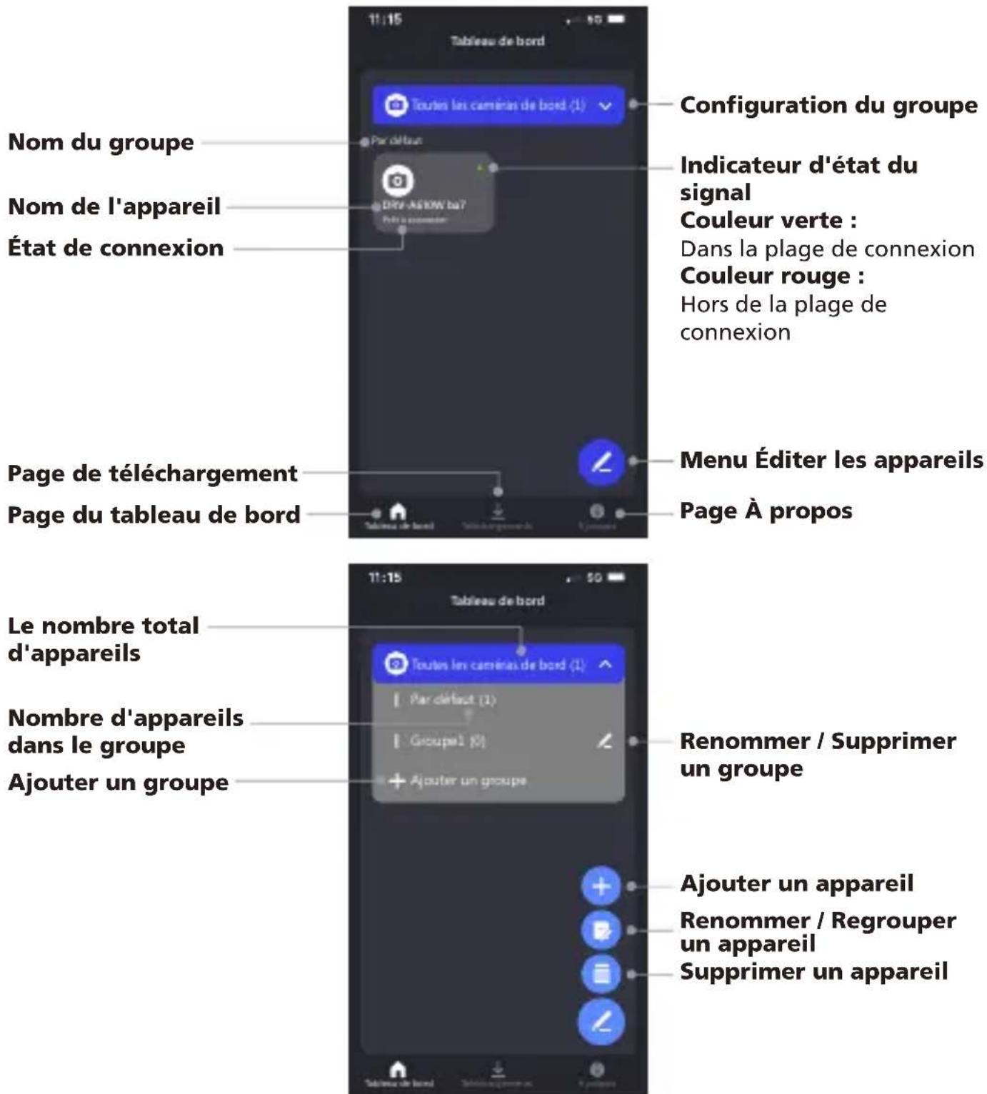 KENWOOD DRVA610W - GÉRER LES APPAREILS CONNECTÉS (PAGE DE TABLEAU DE BORD) - 1
