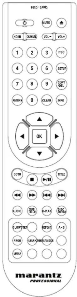 PMD-5 DVD HDMI CHANNEL VOL= VOL= 1 2 3 PBC 4 5 6 SETUP 7 8 9 COPY /DEL RETURN 0 CLEAR INFO OK GOTO ■ ▶/II TITLE AUDIO SUB TITLE C-PLAY DISC MENU SLOWSTEP REPEAT A-B PROG MARKROOMMANGE MEDIA marantz PROFESSIONAL