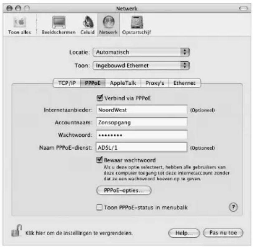 Netwerk Toon alles Beeldscharmen Celuid Network Opstartschijf Locatie: Automatisch Toon: Ingebouwd Ethernet TCP/IP PPPoE AppleTalk Proxy's Ethernet Verbind via PPPoE Internetaanbieder: NoordWest (Optioneel) Accountnaam: Zonsopgang Wachtwoord: ****** Naam PPPoE-dienst: ADSL/1 (Optioneel) Bewaar wachtwoord Als u deze optie selecteert, hebben alle gebruikers van deze computer toegang tot deze internetaccount zonder dat ze een wachtwoord hooven op te geven. PPPoE-opties... Toon PPPoE-status in menubalk Klik hier om de instellingen te vergrendelen. Help... Pas nu toe