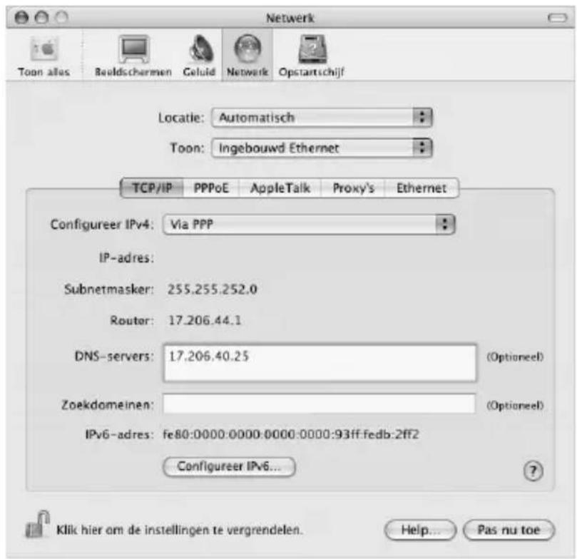 Netwerk Toon alles Beuldschermen Geluid Netwerk Opstartschijf Locatie: Automatisch Toon: Ingebouwd Ethernet TCP/IP PPPoE AppleTalk Proxy's Ethernet Configureer IPv4: Via PPP IP-adres: Subnetmasker: 255.255.252.0 Router: 17.206.44.1 DNS-servers: 17.206.40.25 (Optioneel) Zoekdomeinen: (Optioneel) IPv6-adres: fe80:0000:0000:0000:0000:93ff.fedb-2ff2 Configureer IPv6... Klik hier om de instellingen te vergrendelen. Help... Pas nu toe