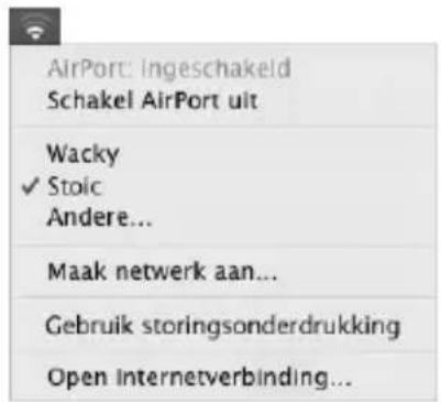 AirPort: ingeschakeld Schakel AirPort uit Wacky ✓ Stoic Andere... Maak netwerk aan... Gebruik storingsonderdrukking Open internetverbinding...
