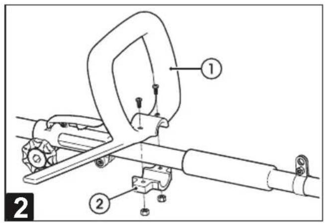 Technical diagram of a mechanical clamp or lever assembly with labeled parts 1 and 2