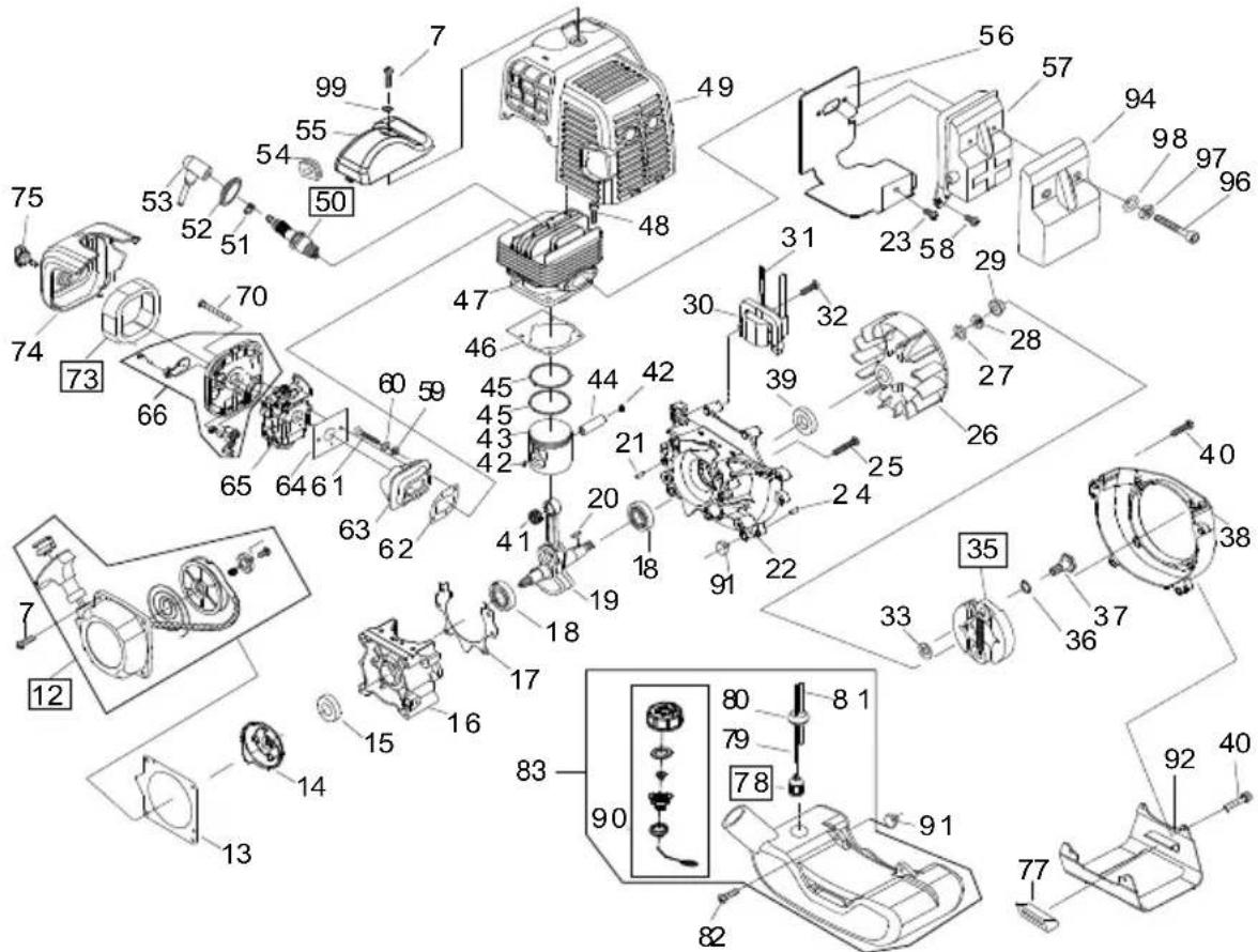 Exploded view diagram of a mechanical assembly with numbered components and exploded views