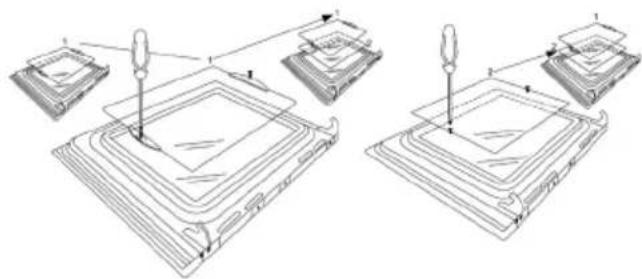 Technical diagram showing two assembly steps of a mechanical component with labeled parts and tool tips