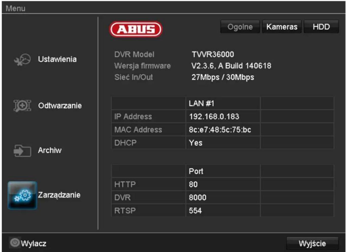 ABUS TVVR36100 - Przegład menu - 1