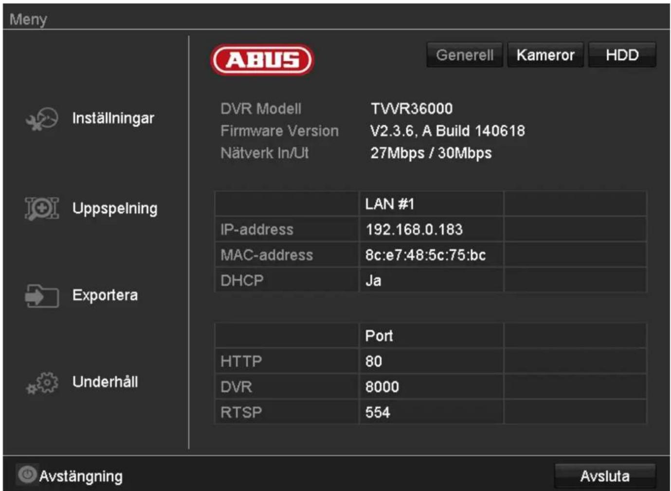 ABUS TVVR36100 - Menyöversikt - 1