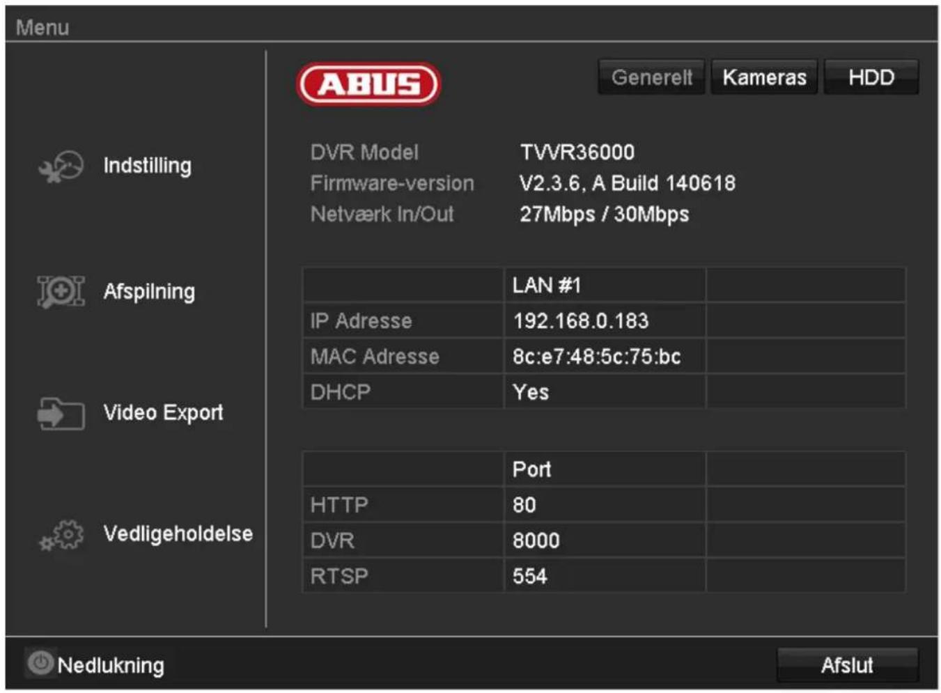 ABUS TVVR36100 - Menuoversigt - 1
