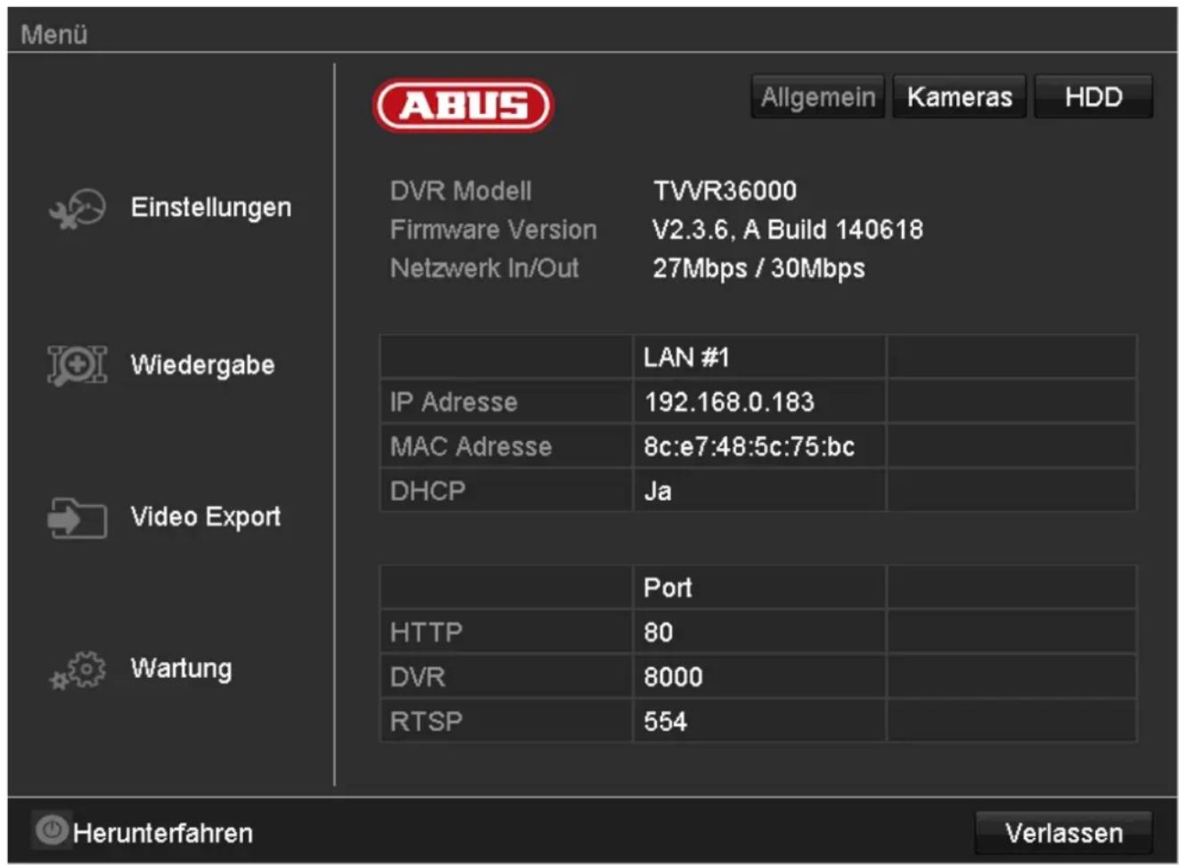 ABUS TVVR36100 - Menü-Übersicht - 1