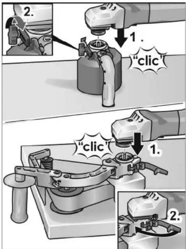 Flex BRE 143 125 Set - Montáž nadstavcov3rOToBnteJIa.

Покомно enthoe n306paXeHne n cnNckn 3anachbix yacte Bbl haNdete Ha haWe m caIte BV HInTePhe: www.flex-tools.com



Požadovany nadstavec odložte na rovnu pracovnú plochu rychlospojkou nahor.   
Otvorte upinaciu páčku na nadstavci. - 1