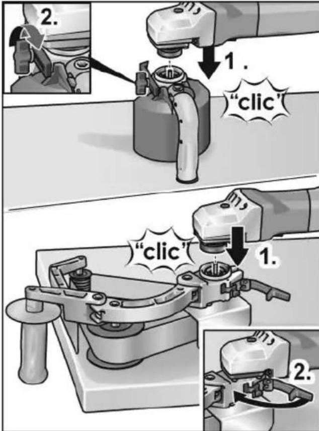 Flex BRE 143 125 Set - Montere forsatsene54550de9384012405f4e9a0e00203.jpg)

Z grubsza wyczysc szczotka metalowa katke otworow wentylacyjnych.   
Nastepnie przychodmuchać spreźonym powietrzem w kierunku bocznym.

![](images/5847b464f09ff32d2c75605e85a5f8b6065d4b9c8ff756a4eab54483a1b7989b.jpg)

W przypadku silnego zabrudzenia nalezy odpiac ostone, zdjac ja i calkowicie przyedmuchac sprezonymgowietzem.



Legg ønsket forsats på en plan arbeidsflate, med hurtigkoblingen vendt opp. 
Apne spennspaken paforsatsen. - 1