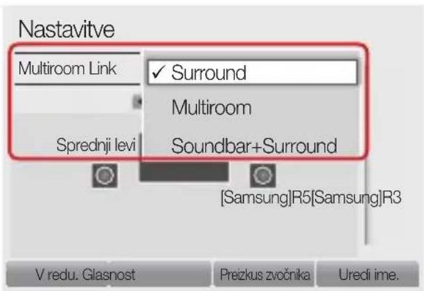 Nastavitve Multiroom Link ✓ Surround Multiroom Sprednji levi Soundbar+Surround [Samsung]R5[Samsung]R3 V redu. Glasnost Preizkus zvočnika Uredi ime.
