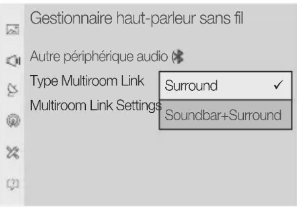Gestionnaire haut-parleur sans fil Autre périphérique audio Type Multiroom Link Multiroom Link Settings Surround ✓ Soundbar+Surround