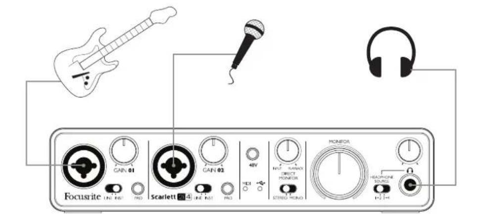 FOCUSRITE Scarlett 2i4 - Branchement d'un microphone ou d'un instrument - 1