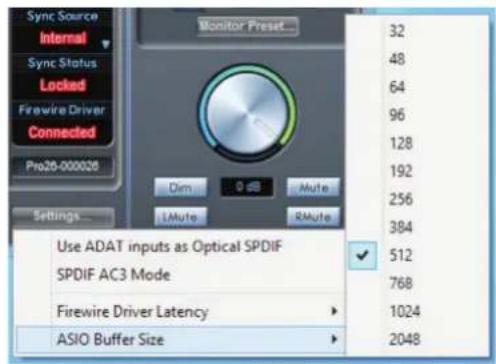 FOCUSRITE Saffire PRO 26 - ASIO Buffer Size (taille de la mémoire tampon ASIO) - 1