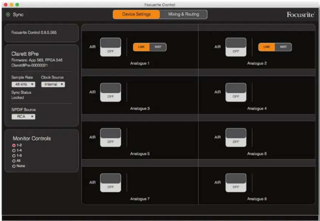 FOCUSRITE Clarett 2Pre - PAGE DEVICE SETTINGS (PARAMÈTRES D'INTERFACE) - 1