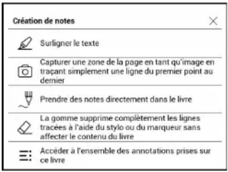 Création de notes Surligner le texte Capturer une zone de la page en tant qu'image en traçant simplement une ligne du premier point au dernier Prendre des notes directement dans le livre La gomme supprime complètement les lignes tracées à l'aide du stylo ou du marqueur sans affecter le contenu du livre Accéder à l'ensemble des annotations prises sur ce livre