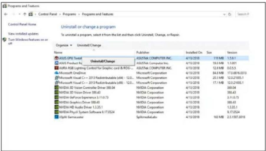 ASUS ROG Strix RTX 2070 A8G Gaming - Disinstallazione di ASUS GPU Tweak in Windows® 10/8.1/8/7 (64-bit) - 1