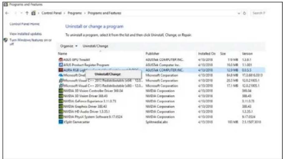 ASUS ROG Strix RTX 2070 A8G Gaming - Déinstaller ASUS AURA sous Windows® 10/8.1/8/7 (versions 64 bits) - 1