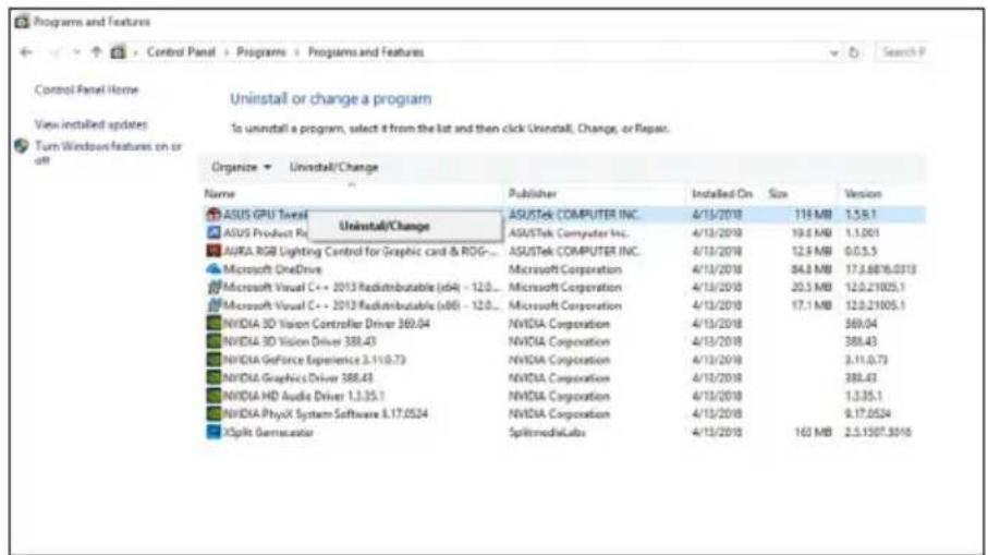 ASUS ROG Strix RTX 2070 A8G Gaming - Usuwanie ASUS GPU Tweak w Windows * 10 / 8.1 / 8 / 7 (64 bitowym) - 1