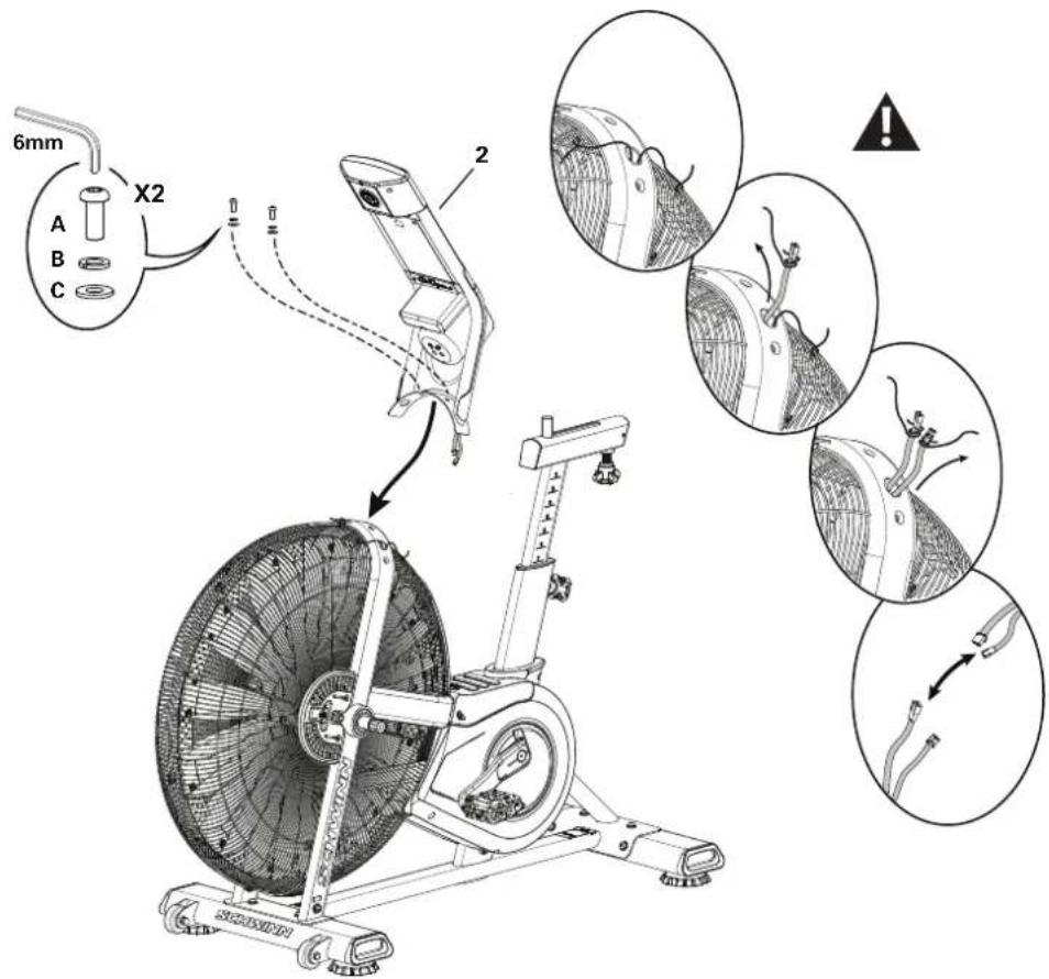 Schwinn Airdyne AD8 - Collegare i cavi e fissare l'assemblaggio della console/asta al gruppo telaio - 1
