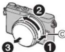 PANASONIC Lumix G 14mm f2.5 II ASPH. - Appuyez sur la touche de déverrouillage de l'objectif © tout en tournant l'objectif aussi loin que possible dans lesens de la flèche pour le - 1