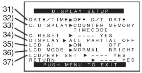 31) DISPLAY SETUP 32) DATE/TIME OFF D/T DATE 33) C. DISPLAY COUNTER MEMORY 34) TIMECODE C. RESET ---- YES 35) DISPLAY ALL PARTIAL OFF LCD AI ON OFF LCD MODE NORMAL BRIGHT 36) LCD/EVF SET ---- YES RETURN ---- YES 37) PUSH MENU TO EXIT