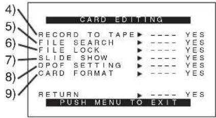 CARD EDITING RECORD TO TAPE ▶ ---- YES FILE SEARCH ▶ ---- YES FILE LOCK ▶ ---- YES SLIDE SHOW ▶ ---- YES DPOF SETTING ▶ ---- YES CARD FORMAT ▶ ---- YES RETURN ▶ ---- YES PUSH MENU TO EXIT