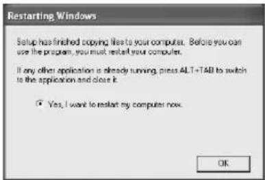 Restarting Windows Setup has finished copying like to your computer. Before you can use the program, you must restart your computer. If any other application is already running, press ALT+TAB to switch to the application and close it. Yes, I want to restart my computer now. OK