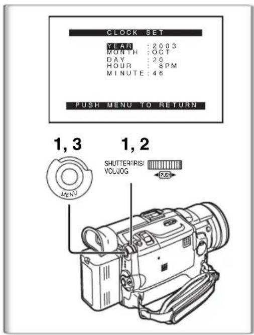 CLOCK SET YEAR : 20 03 MONTH : OCT DAY : 20 HOUR : 8 PM MINUTE : 46 PUSH MENU TO RETURN 1, 3 1, 2 SHUTTER/IRIS/ VOLJOG PUSH MENU