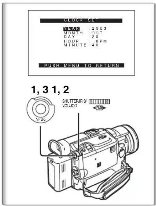 CLOCK SET YEAR : 2003 MONTH OCT DAY : 20 HOUR : 8PM MINUTE : 46 PUSH MENU TO RETURN 1,31,2 SHUTTER/IRIS/ VOLJOG MENU PUB