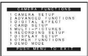 CAMERA FUNCTIONS 1 CAMERA SETUP 2 ADVANCED FUNCTIONS 3 DIGITAL EFFECT 4 CARD SETUP 5 MULTI-PICTURES 6 RECORDING SETUP 7 DISPLAY SETUP 8 OTHER FUNCTIONS 9 DEMO MODE PUSH MENU TO EXIT