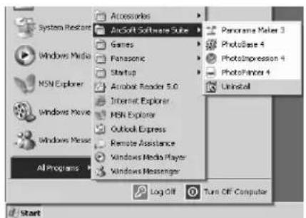 System Restore Windows Media NSN Explorer Windows Movie Windows Message All Programs Accessories Aircraft Software Suite Games Fanasonic Startup Aroraer Reader 5.0 Internet Explorer MSN Explorer Outlook Express Remote Assistance Windows Media Player Windows Messenger Panorama Maker 3 PhotoBase 4 PhotoImpression 4 PhotoPrinter 4 Uninstall Log Off Turn Off Computer Start